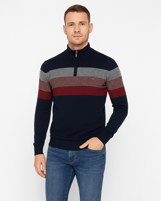 Halbzip Troyer Gestreifter Strickpullover mit Rippenkragen