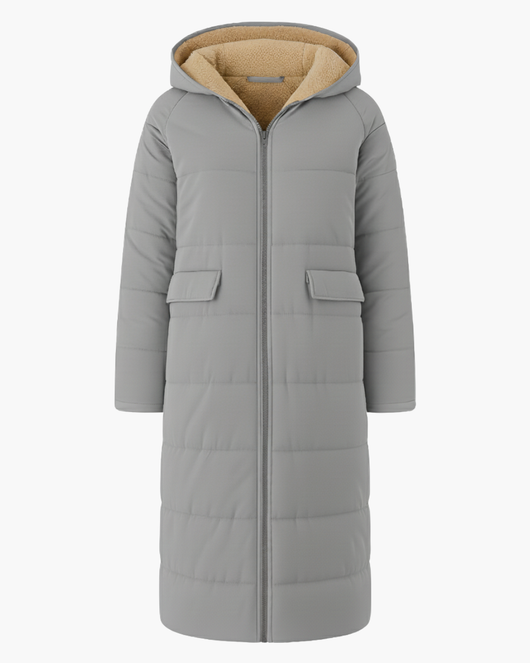 Langer Wintermantel mit Kapuze und Fleecefutter