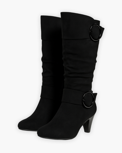 Kniehohe Stiefel mit Blockabsatz und Zierschnallen