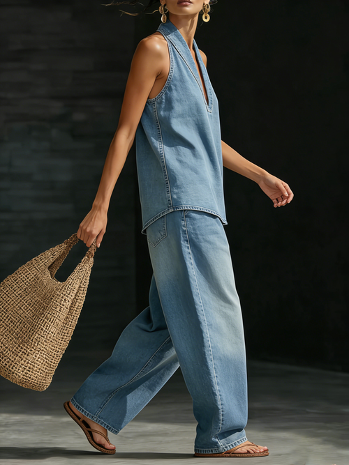 Kathrin | Modernes Denim Zweiteiler Set mit V-Ausschnitt