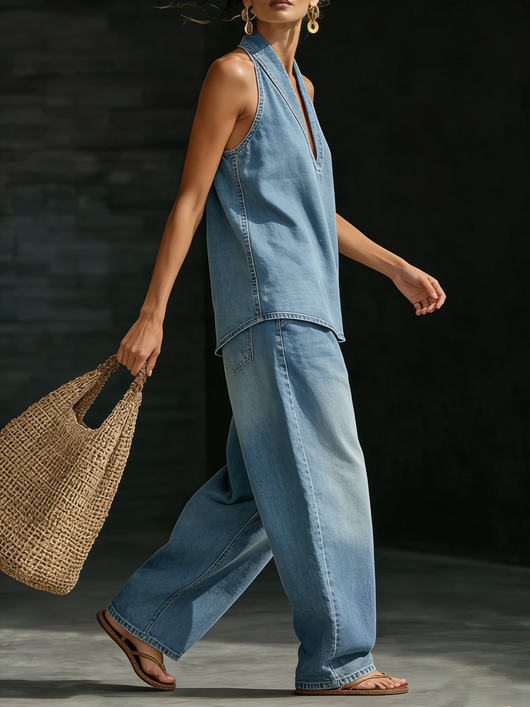Kathrin | Modernes Denim Zweiteiler Set mit V-Ausschnitt