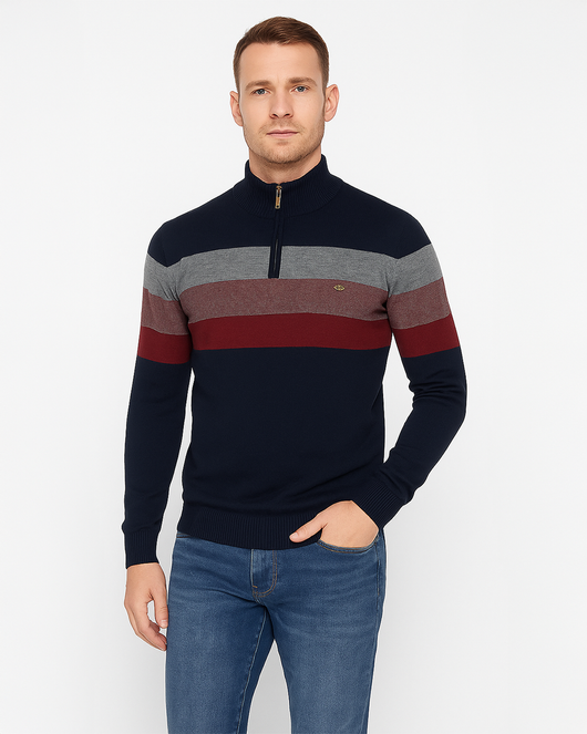 Halbzip Troyer Gestreifter Strickpullover mit Rippenkragen