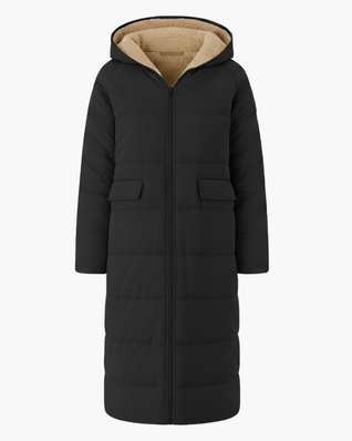 Langer Wintermantel mit Kapuze und Fleecefutter