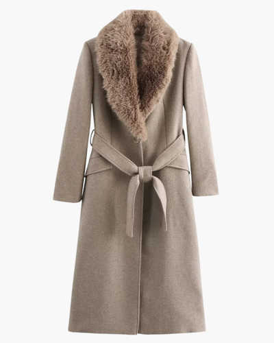 Langer Wintermantel mit Bindegürtel und Fellkragen